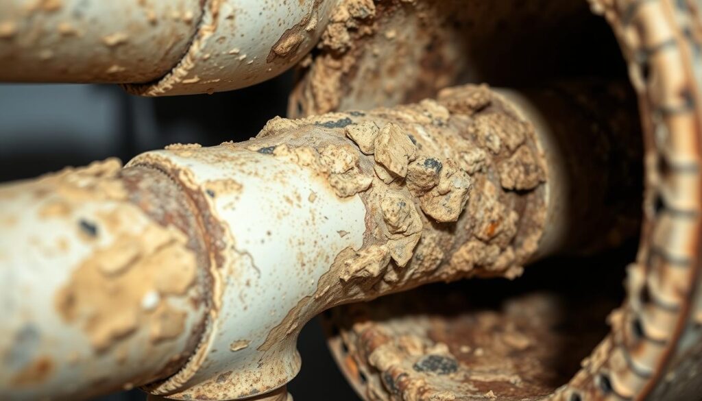 A close-up view of a section of corroded and calcified water pipes, showcasing the severe buildup of mineral deposits and scale. The pipes have a mottled, off-white and beige discoloration, with irregular, crusty textures covering the inner surfaces. The lighting is soft and diffused, creating subtle shadows that accentuate the uneven contours of the scale buildup. The perspective is slightly angled, providing a detailed, cross-sectional examination of the pipes' interior, highlighting the detrimental effects of hard water on the plumbing system.