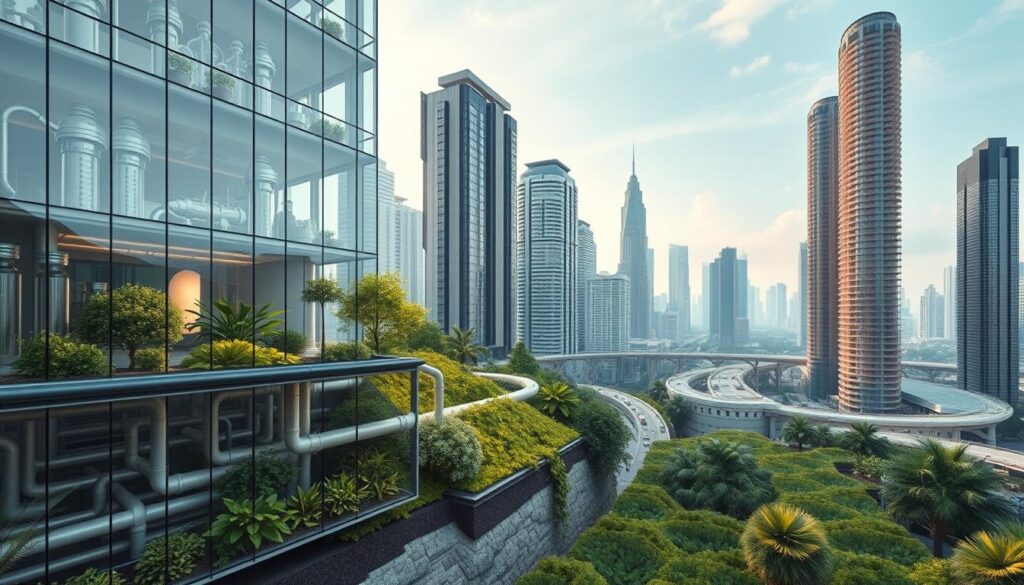 A futuristic cityscape showcasing innovative greywater systems. In the foreground, a sleek residential building features a transparent facade, revealing an intricate network of pipes and filters that recycle used water. The middle ground displays a lush, verdant landscape sustained by the reclaimed greywater, with vibrant flora and fauna thriving in this eco-friendly environment. In the background, towering skyscrapers and advanced infrastructure hint at a city embracing sustainable water management technologies. Soft, diffused lighting casts a warm, inviting glow, conveying a sense of harmony between technology and nature. The scene is captured through a wide-angle lens, emphasizing the scale and integration of these greywater innovations within the urban landscape.