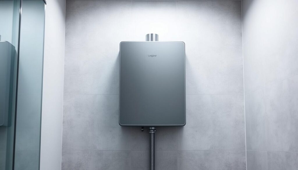 A sleek, modern tankless water heater standing prominently in a well-lit, minimalist bathroom. The device is mounted flush against the wall, its clean lines and stainless steel casing gleaming under soft, diffused lighting. In the background, a tiled wall provides a subtle, textured backdrop, complementing the technological sophistication of the water heater. The overall scene conveys a sense of efficiency, practicality, and seamless integration into the home's design, showcasing the benefits of this innovative plumbing upgrade.